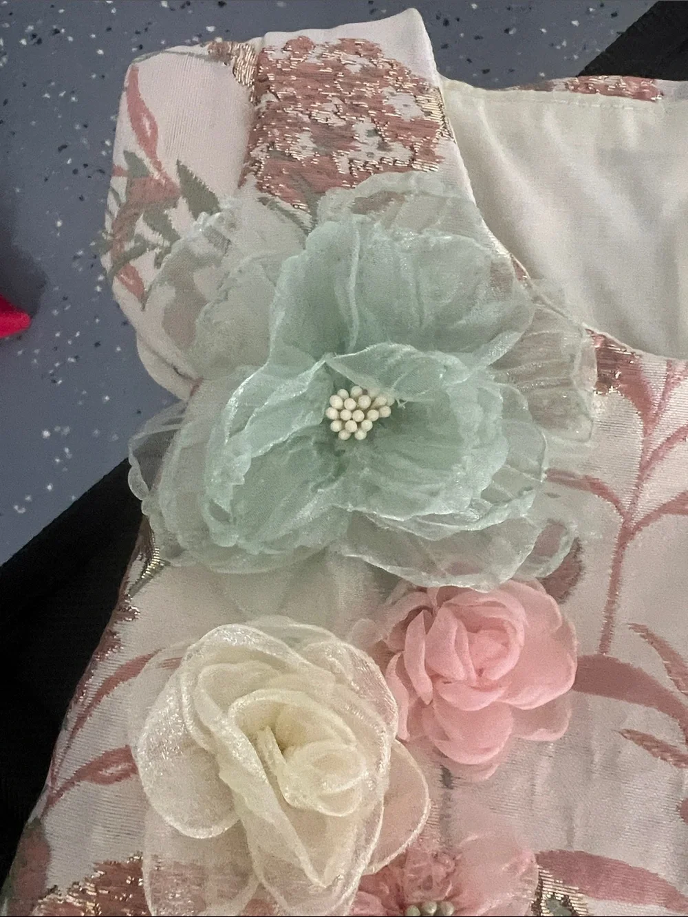 Peppermint Cream Floral Jacquard Dress with Pastel Appliqués
